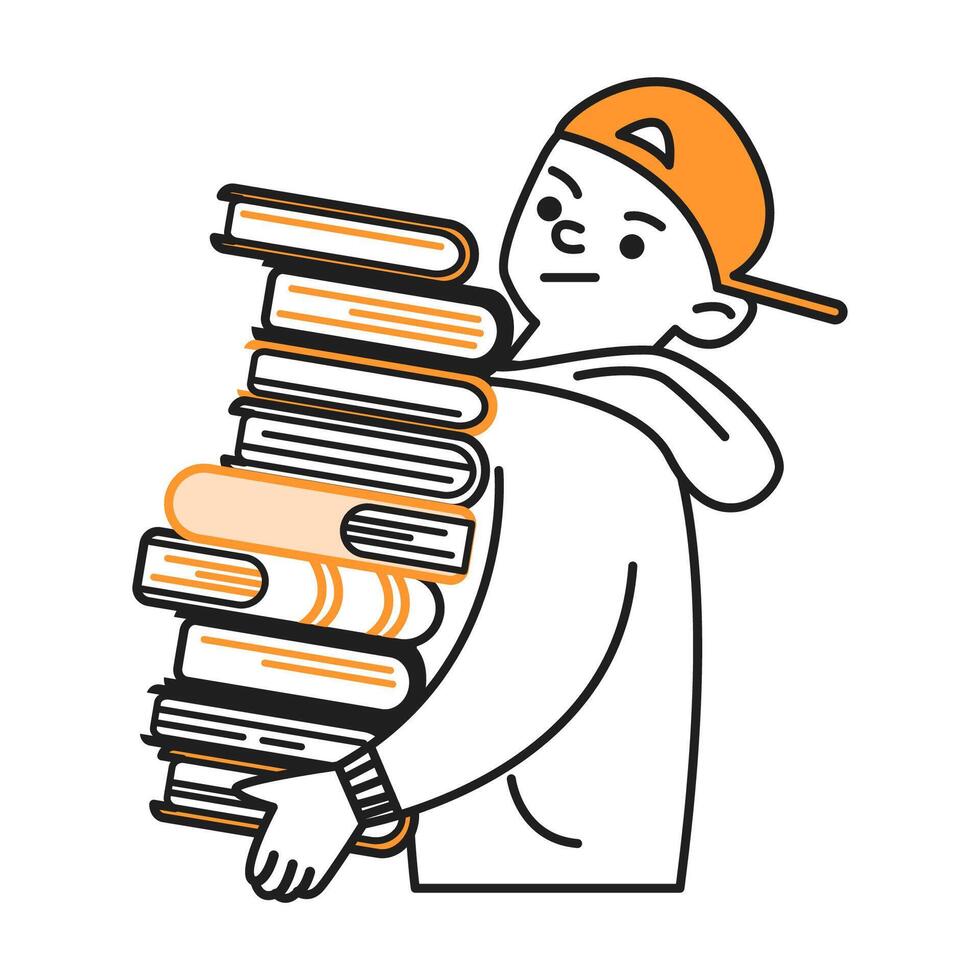 Unhappy schoolboy in cap holds stack of books doodle line and color illustration. Back to school concept linear sketch person vector