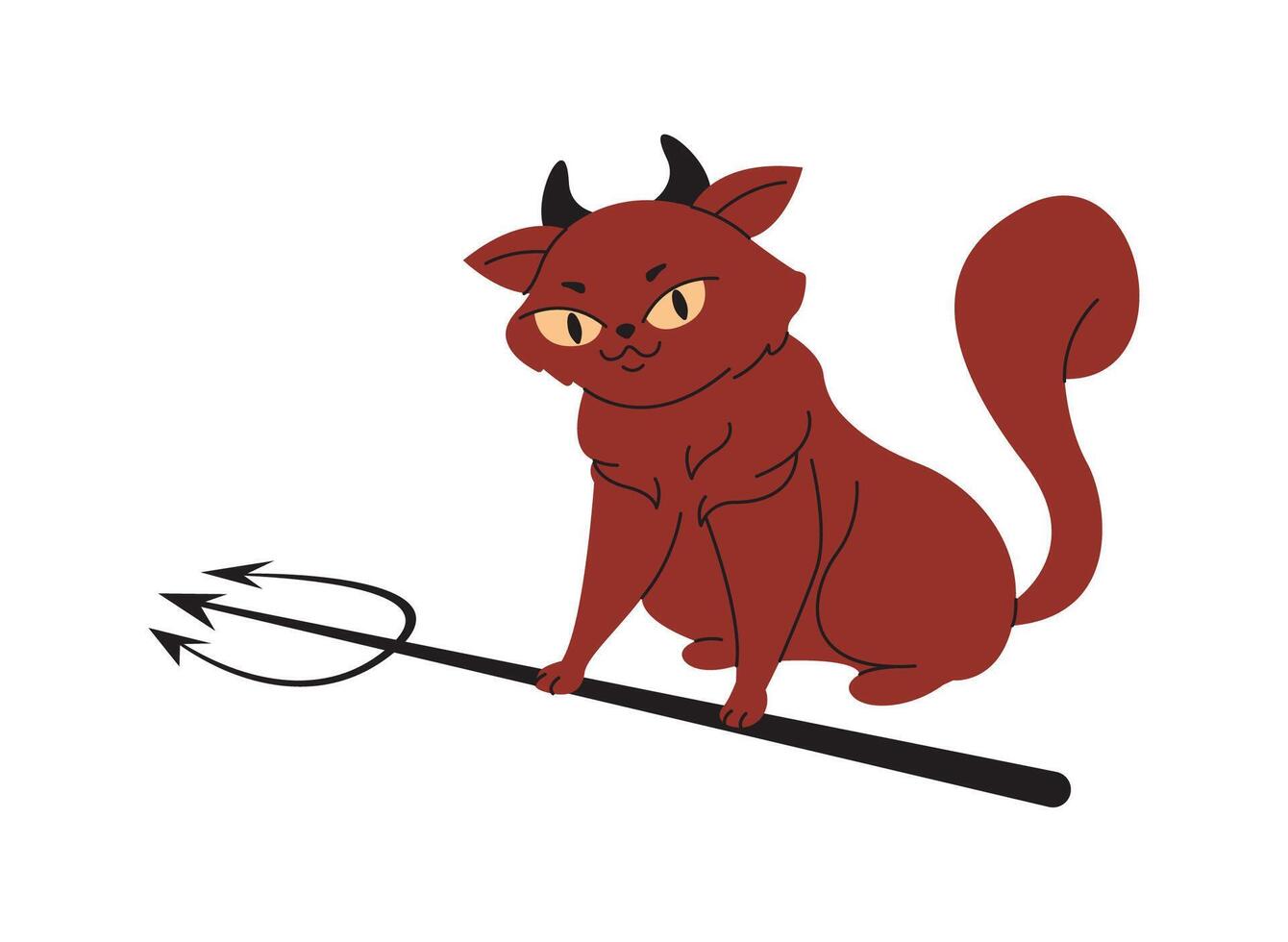 Demon cat with horns and pitchfork flat color illustration. Devil pet scaring on Halloween character icon on white background vector