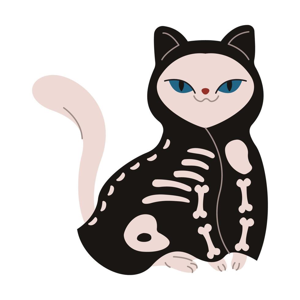 Happy black cat dressed as skeleton flat color illustration. Feline animal in spooky costume Halloween character icon on white background vector