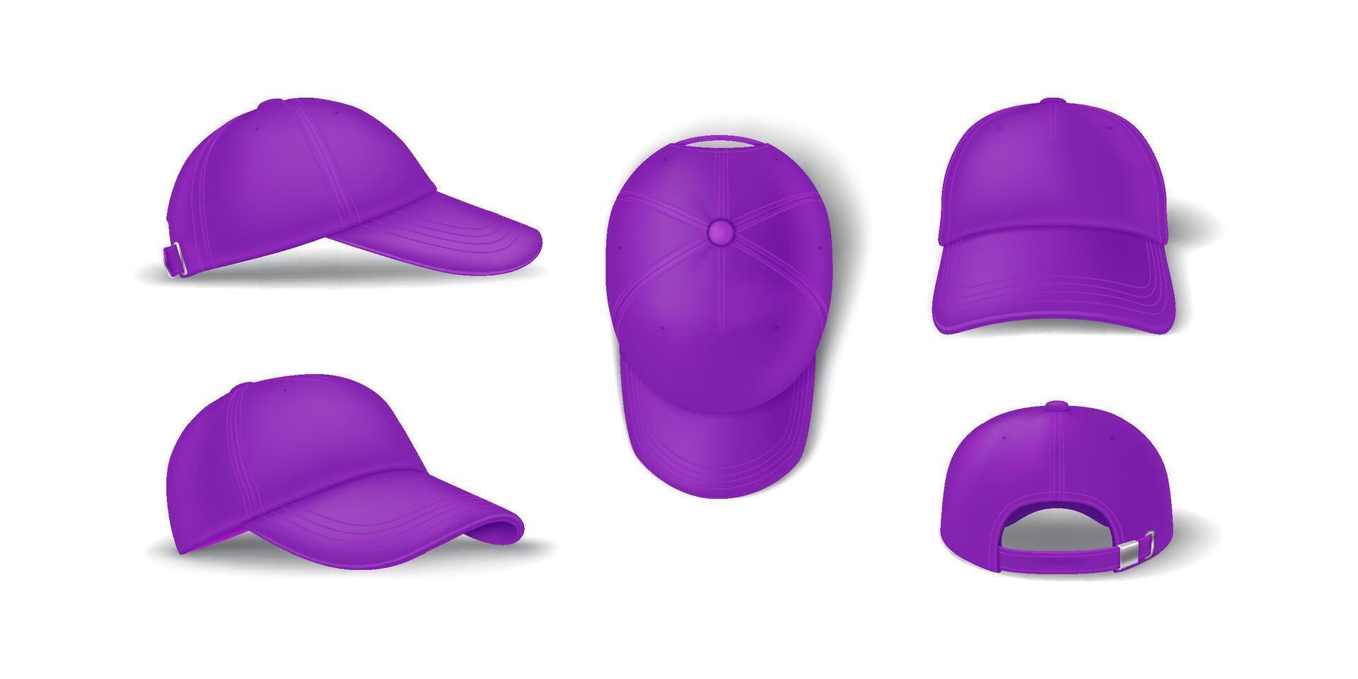 Casual purple baseball cap mockup template realistic illustration set. Head clothing with brand template 3d models on white background vector