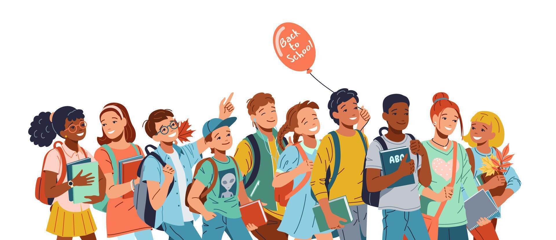 Joyful schoolchildren crowd flat color illustration. Happy multiracial students ready for school cartoon composition on white vector