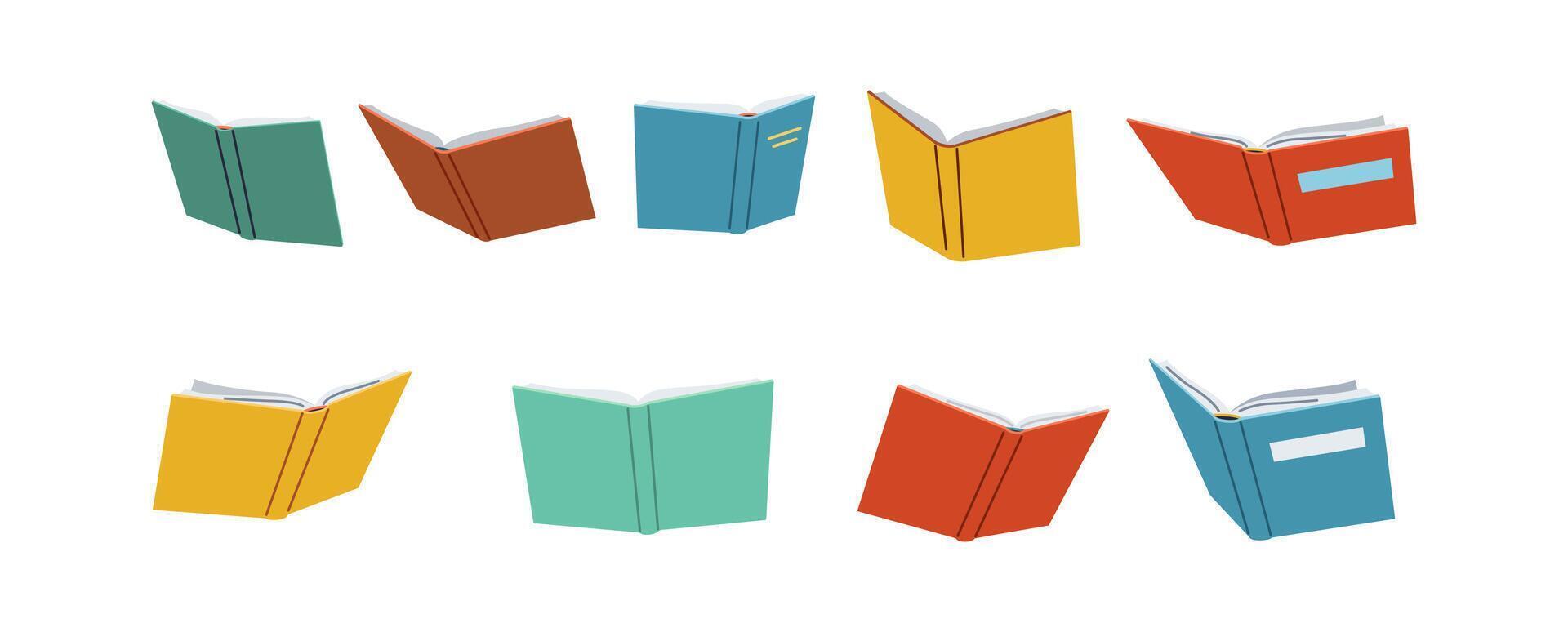 Different books for students flat color icon set. Colorful textbooks in hardcover for education at school illustration pack on white vector