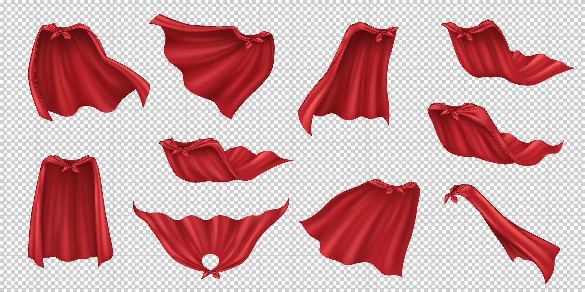 Hero capes of red fabric realistic illustration set. Traditional superhero accessories 3d models bundle on background vector