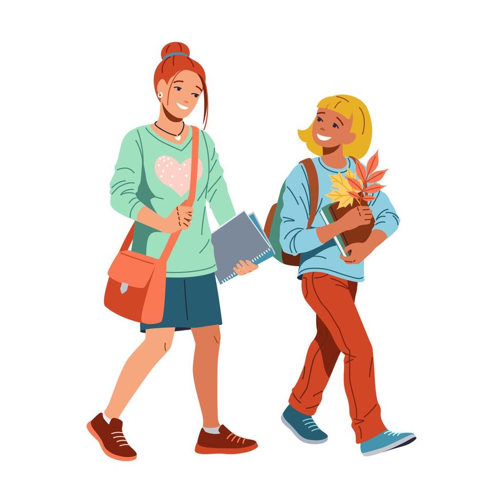 Happy girl with elder sister going to school flat color illustration. Pretty schoolgirls with learning supplies concept icon on white vector