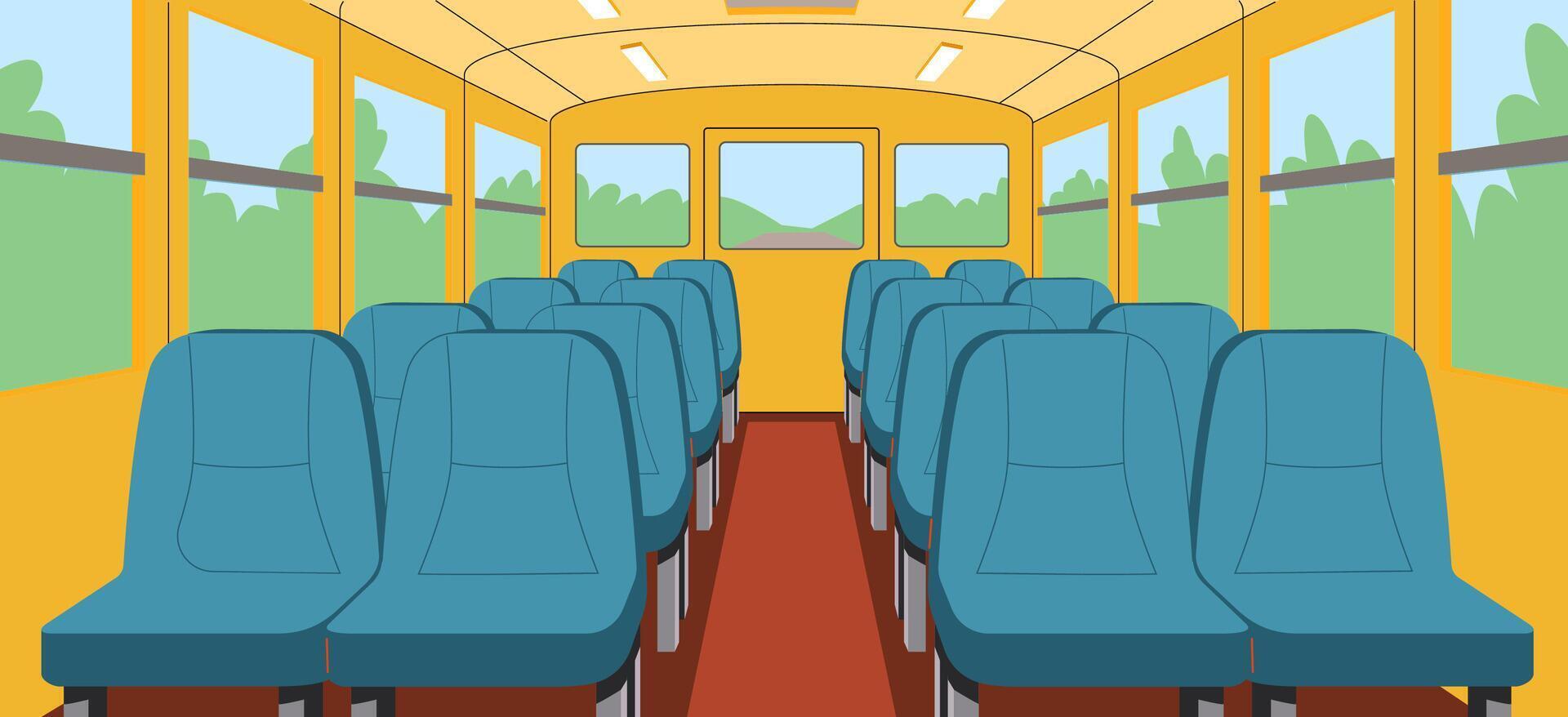 Empty bus salon with soft seats flat illustration. Public vehicle 2D interior cartoon background. Passengers transportation scene image vector