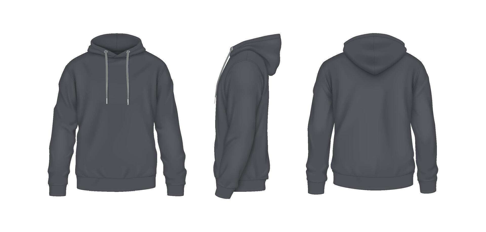 Gray sportive hoodies with copy space realistic illustration set. Cozy clothing with design mockup 3d models on white background vector