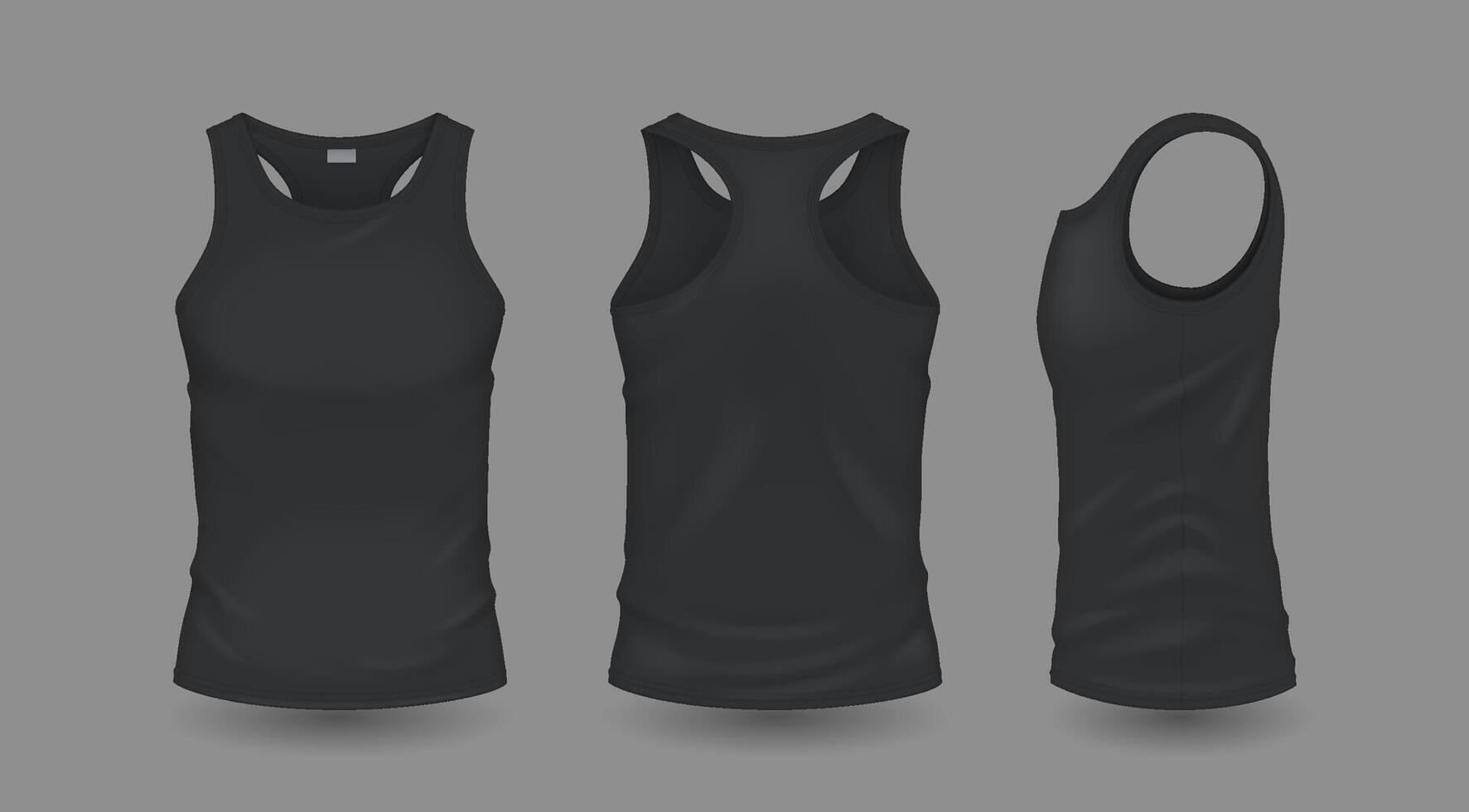 Dark men sleeveless shirts with symbol mockup reasonable outline set. Summer furnish with symbol format 3d models on dim foundation vector