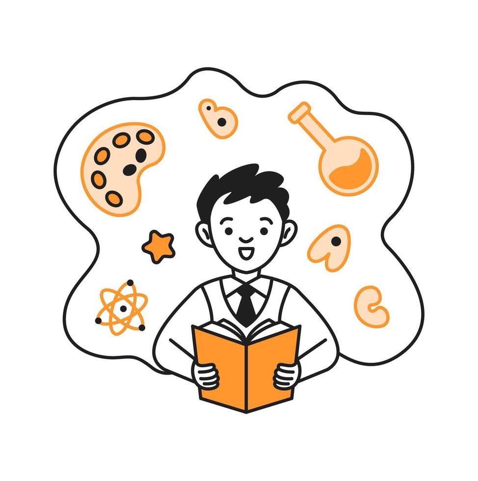 Boy student learning natural science doodle line and color illustration. Happy schoolboy reading textbook linear sketch person vector