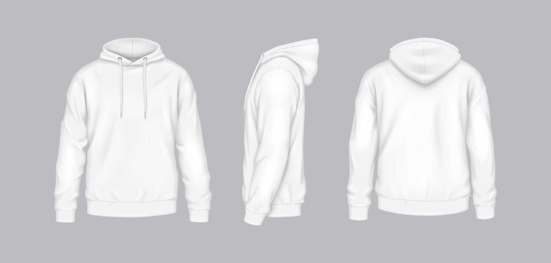 White hoodies of various perspectives realistic illustration set. Casual attire with brand design mockup 3d models on grey background vector