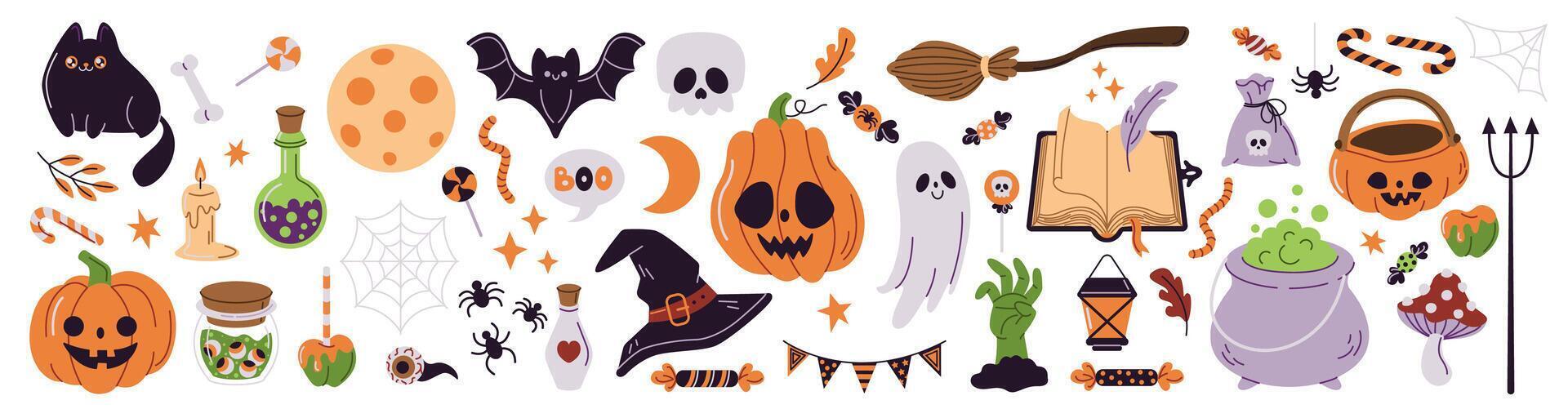 Halloween celebration characters and objects flat color icon set. Spooky holiday party illustration pack on white background vector
