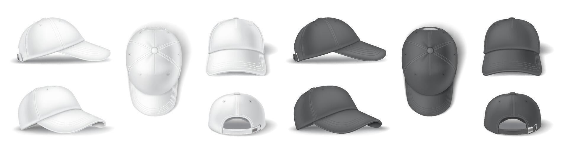 Mockup baseball caps black and white realistic illustration set. Sports uniform headgear with copy space 3d models on white background vector