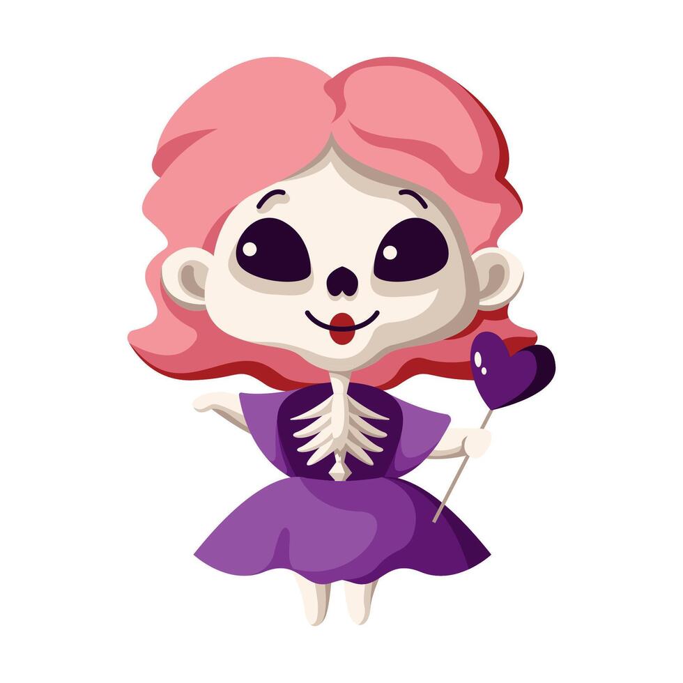 Girl skeleton with lollipop flat color illustration. Friendly little monster in purple dress Halloween character icon on white background vector