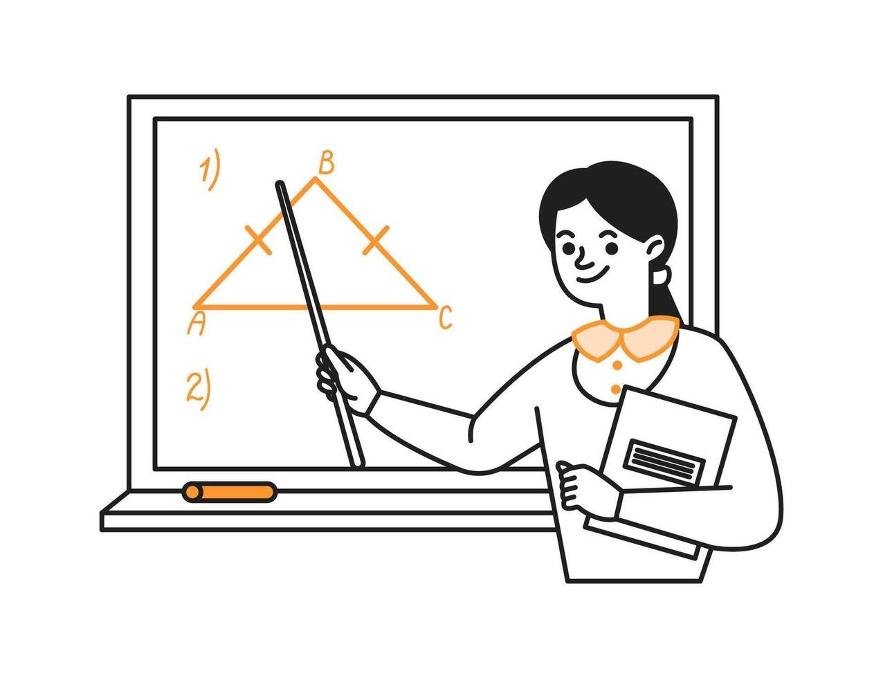 Teacher points with pointer at board explaining geometry doodle line and color illustration. Smiling tutor linear sketch person vector