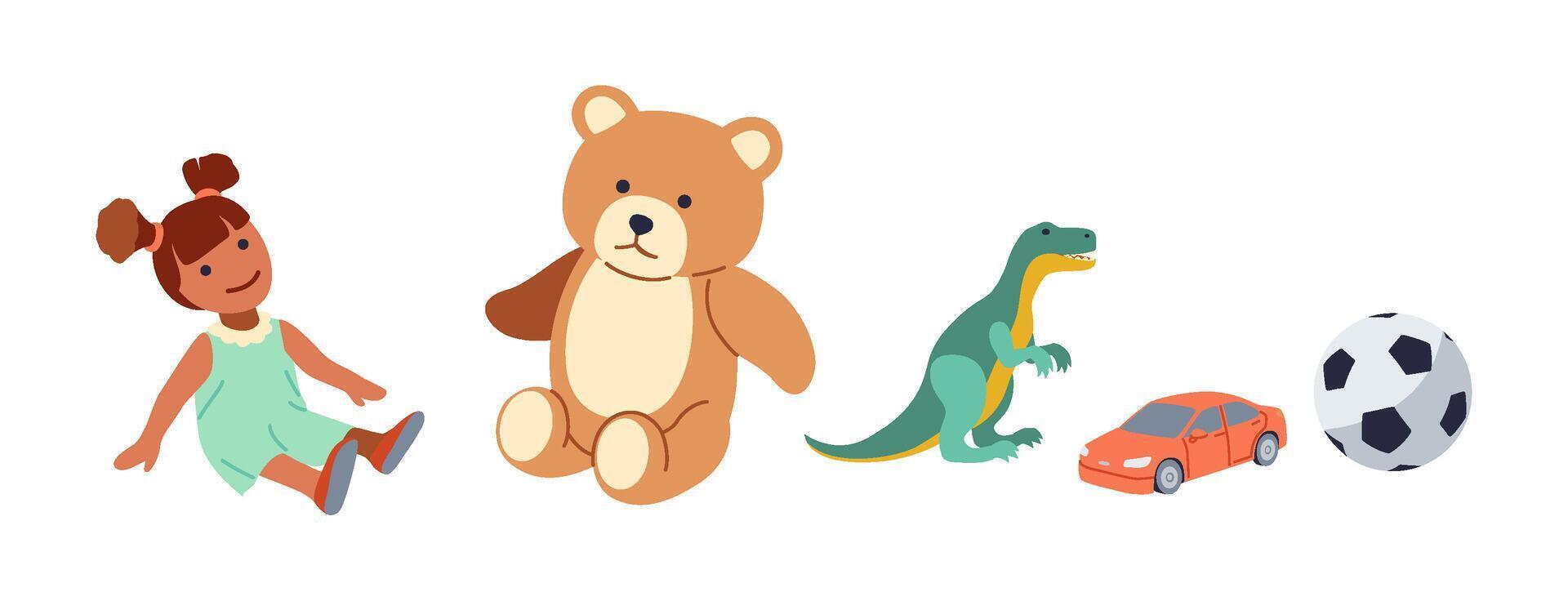 Children toys for boys and girls items flat color icon set. Cute figurines from kindergarten playroom objects illustration pack on white vector