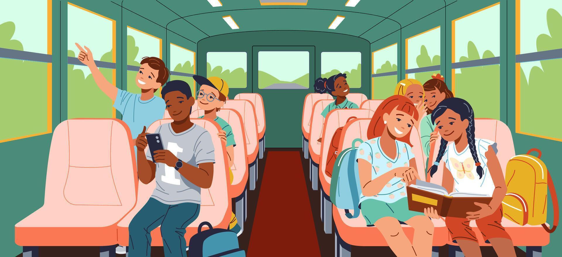 Upbeat multiracial understudies riding school transport level outline. Children in vehicle 2D characters cartoon foundation. Instruction scene picture vector