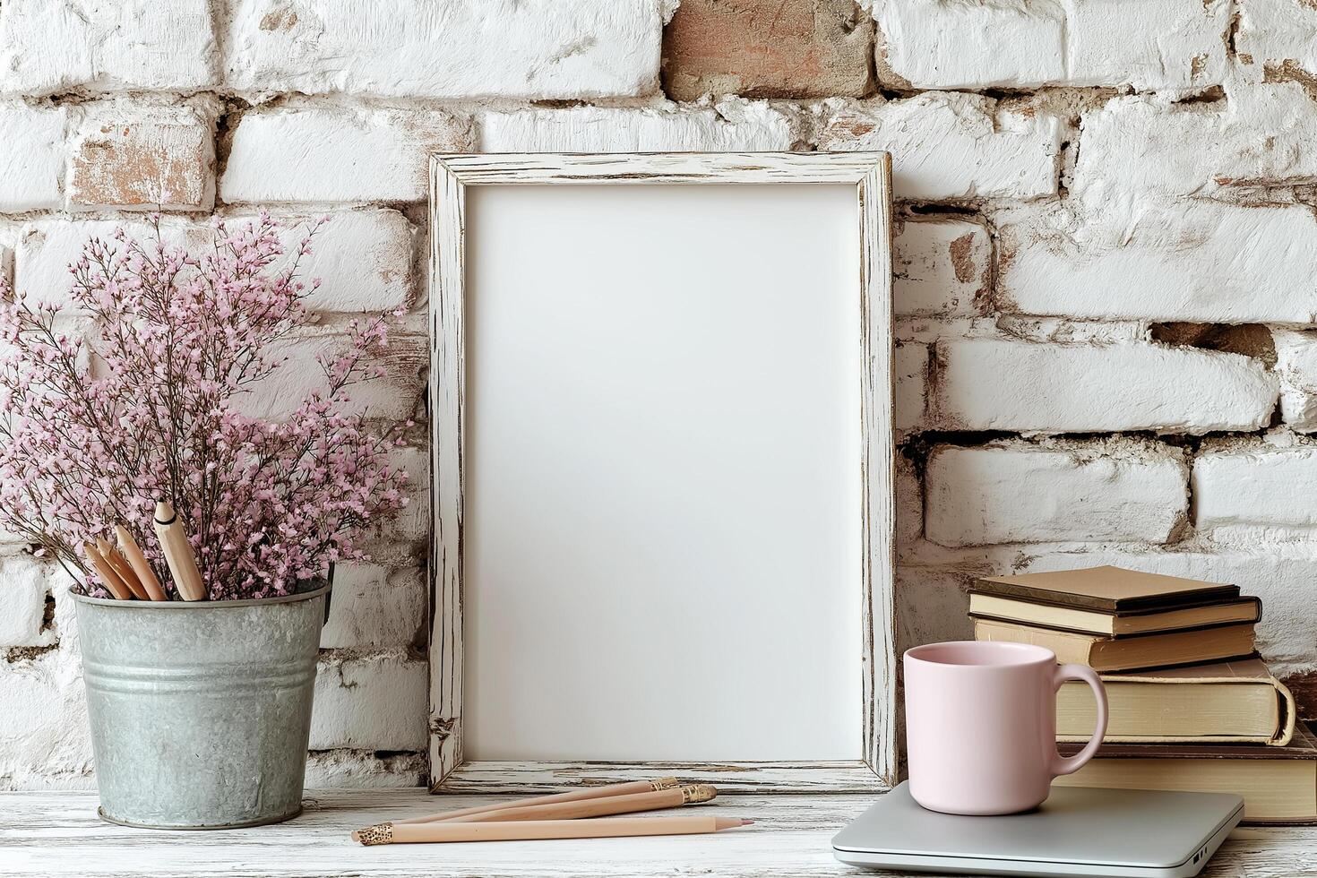 Rustic workspace featuring a pink mug, vintage books, a metal vase with flowers, and an empty frame photo