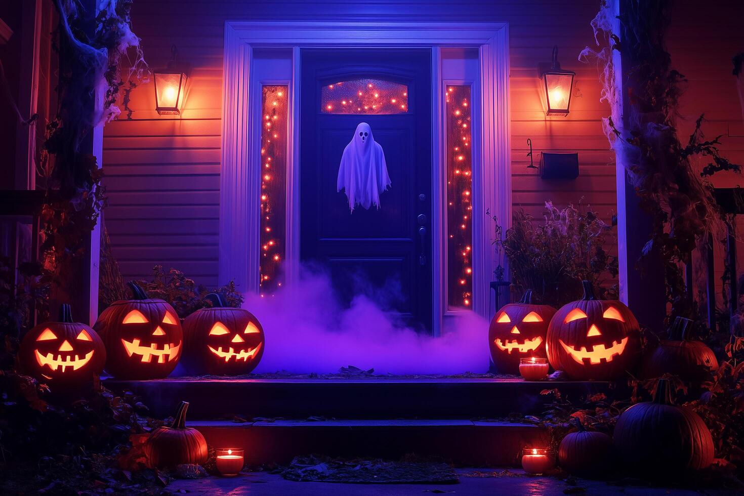 A spooky Halloween porch adorned with glowing jack-o-lanterns, a floating ghost, fog effects, and eerie lighting photo