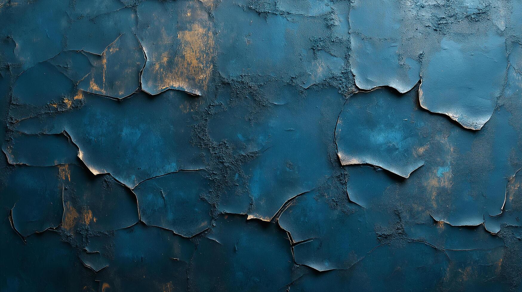 A textured wall with peeling blue paint, revealing weathered layers underneath, creating a distressed surface photo