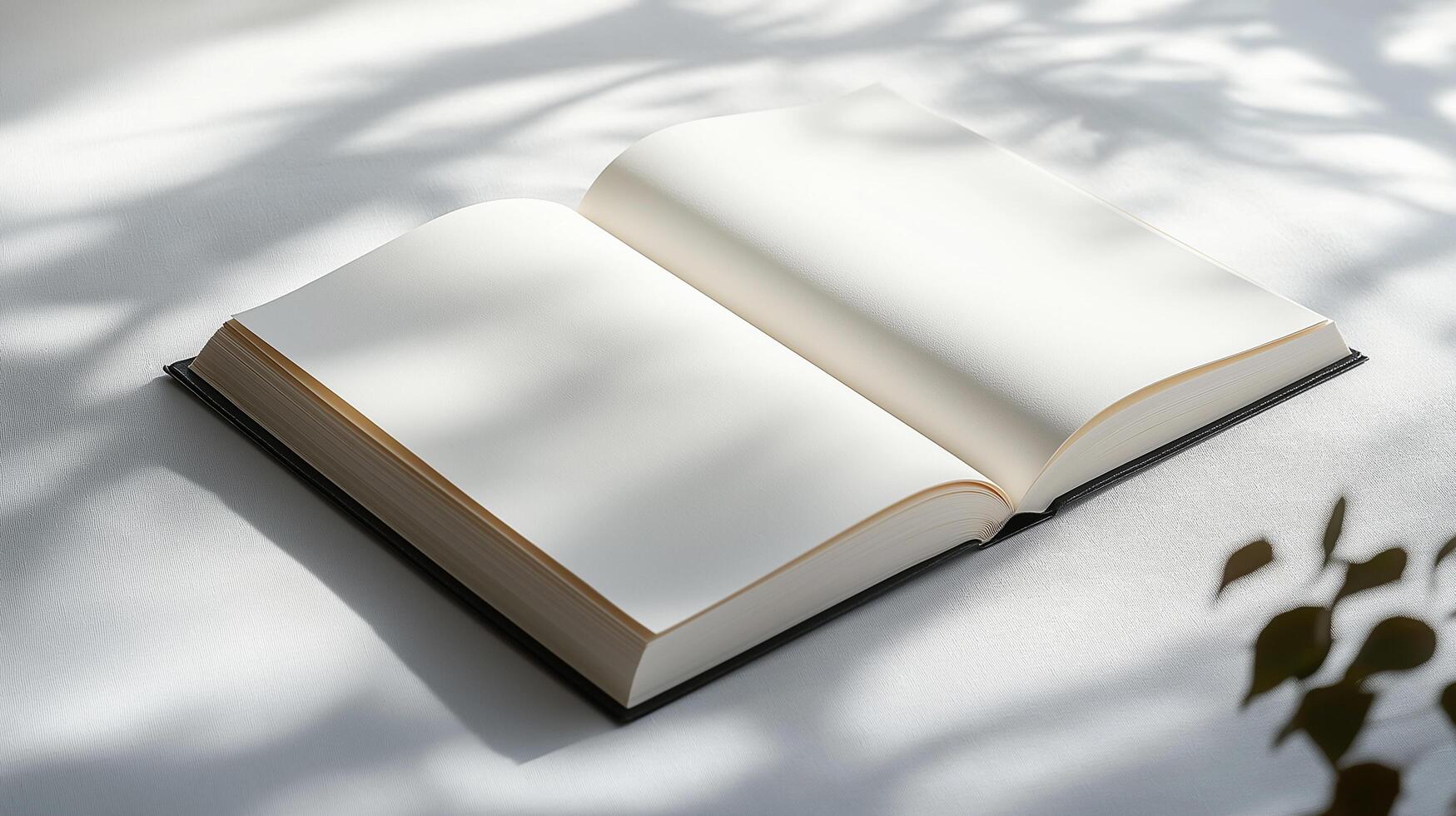 An open blank book on a sunlit surface with soft shadows, inviting creativity and inspiration photo