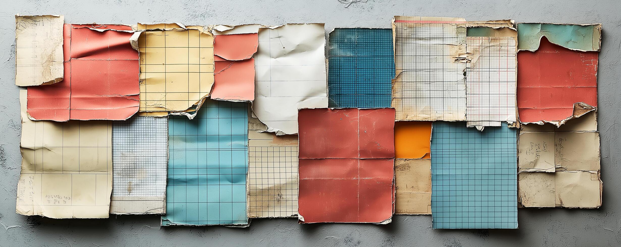 A collage of worn, vintage papers with various colors and grid patterns arranged on a textured surface photo