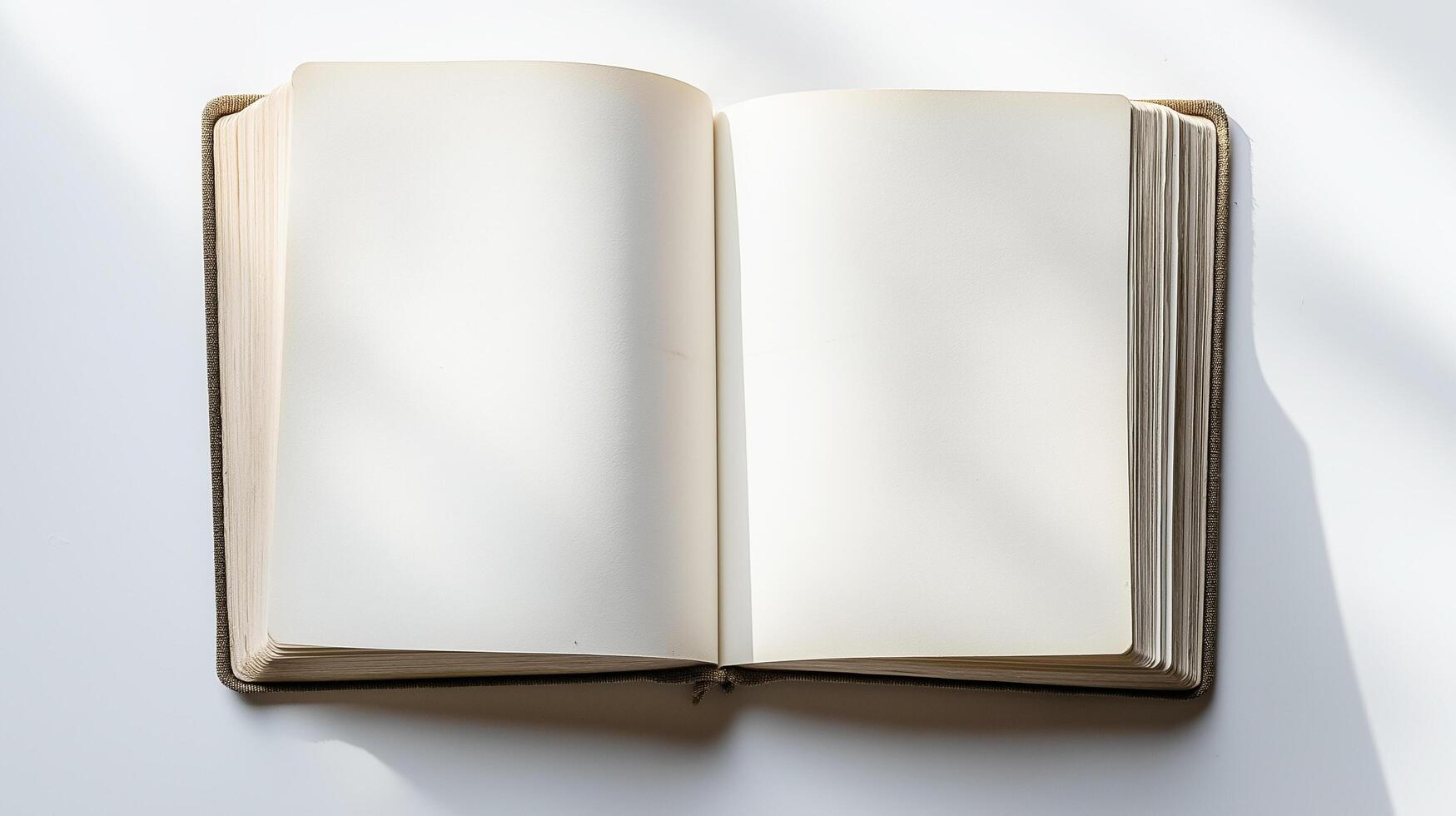 An open blank notebook with clean white pages, lying flat on a surface, illuminated by soft natural light photo