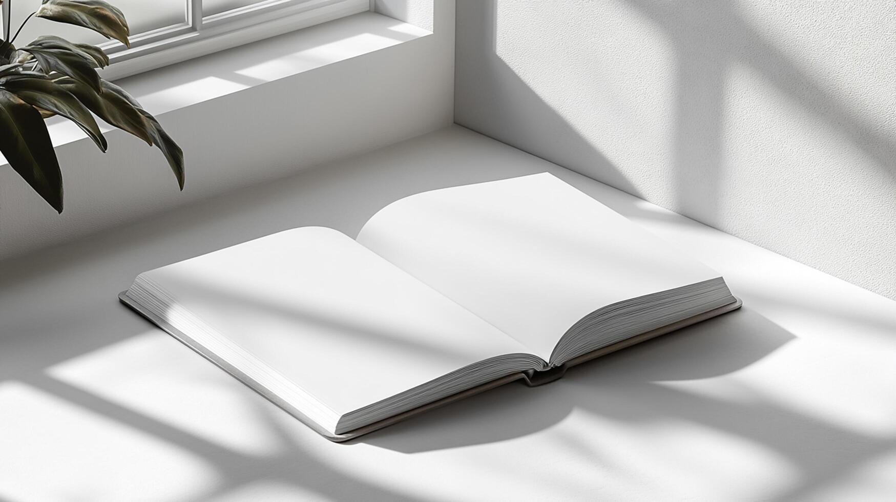 Open blank book in a sunlit corner by a window, with shadows cast from natural light and nearby plants photo