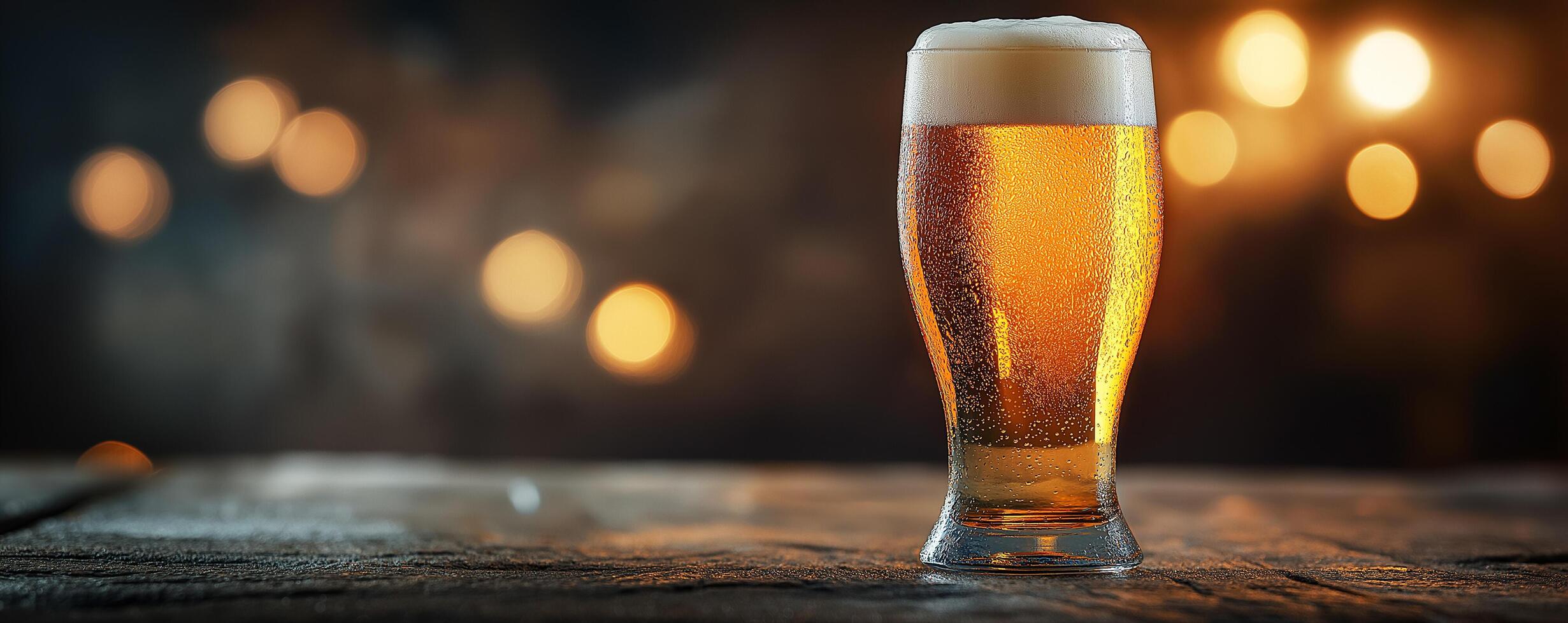 A frosty pint of golden beer on a wooden table, with soft warm lighting in the background creating a cozy ambiance photo