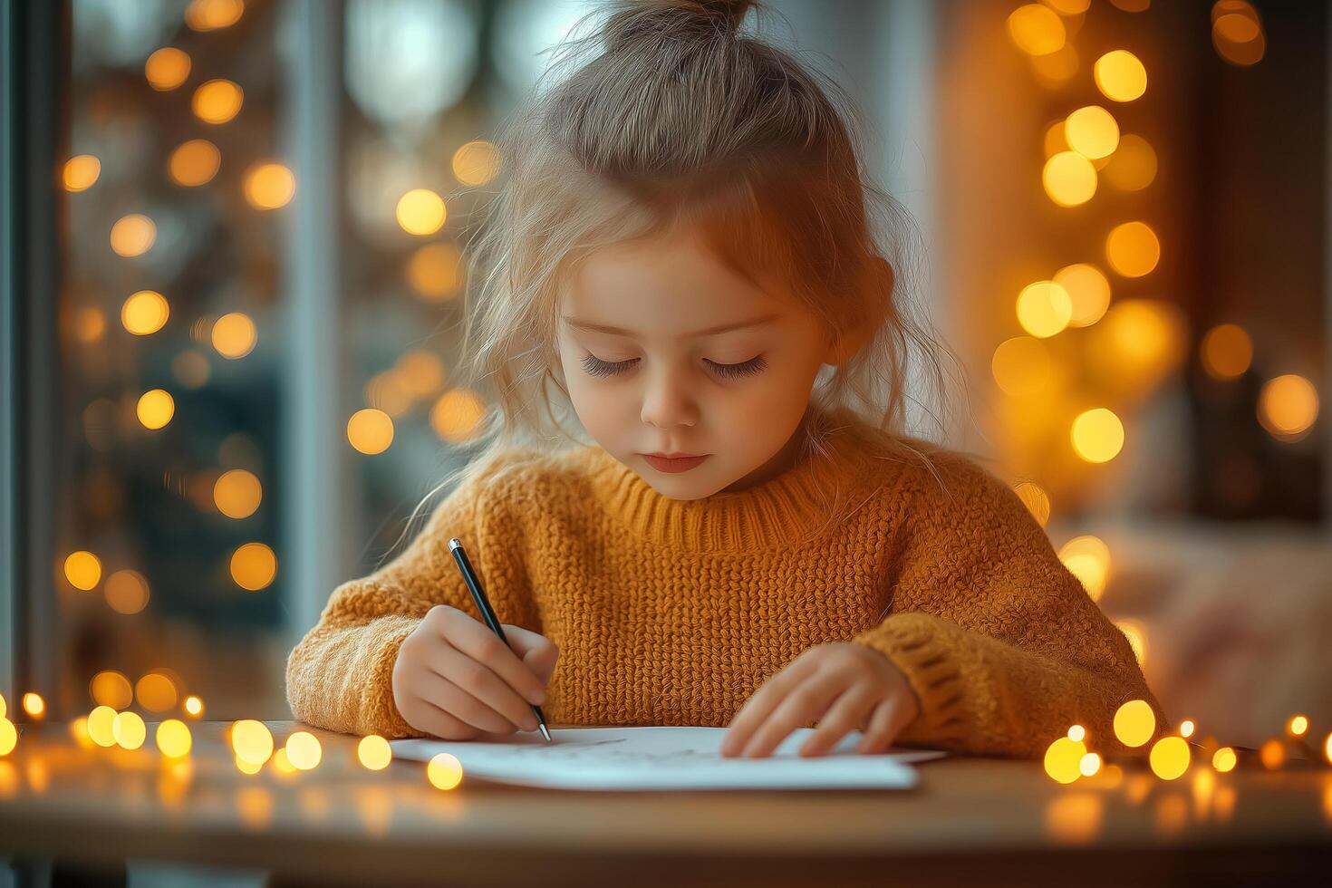 A young girl, focused on drawing, wearing a cozy sweater with warm bokeh lights in the background, creating a peaceful atmosphere photo