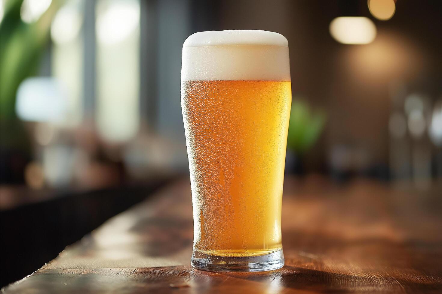 A cold glass of refreshing golden beer with foam on top, sitting on a wooden bar counter in a cozy ambiance photo