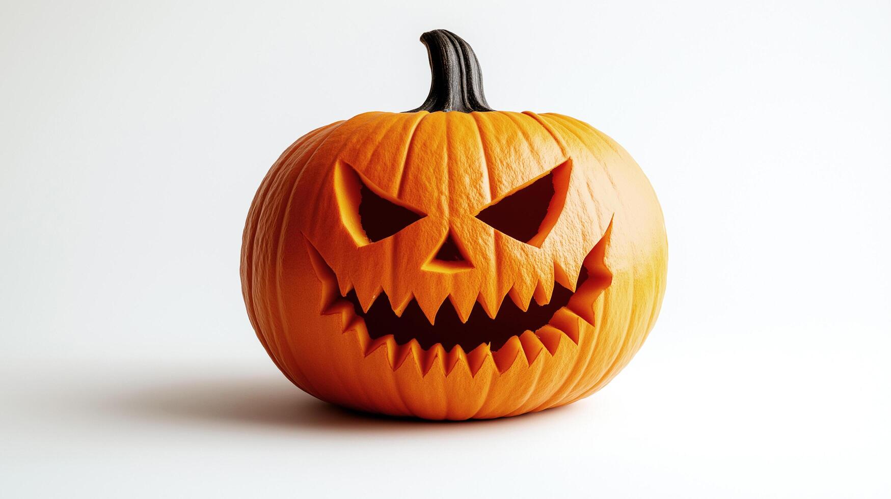 A bright orange carved pumpkin with a sinister face, perfectly embodies the spirit of Halloween on a plain background photo