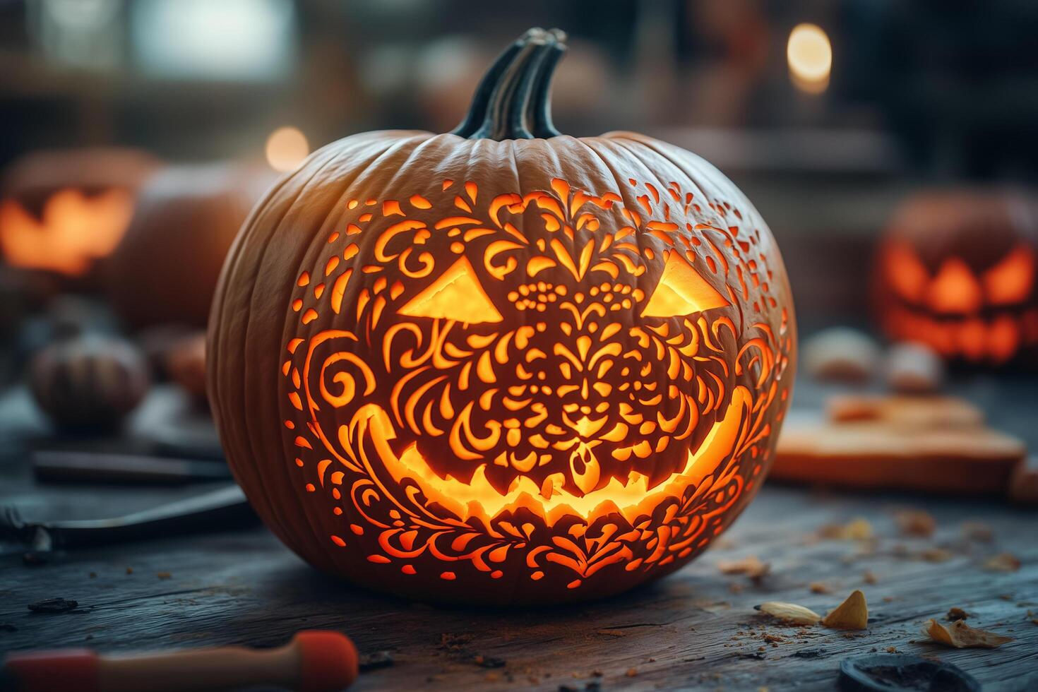 Intricately carved jack-o-lantern glowing warmly with a detailed, ornate design, perfect for Halloween decor photo