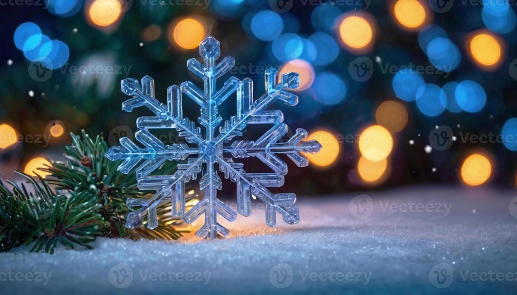 Large light blue transparent snowflake on golden bokeh lights background. Festive Christmas, New Year template, banner. photo