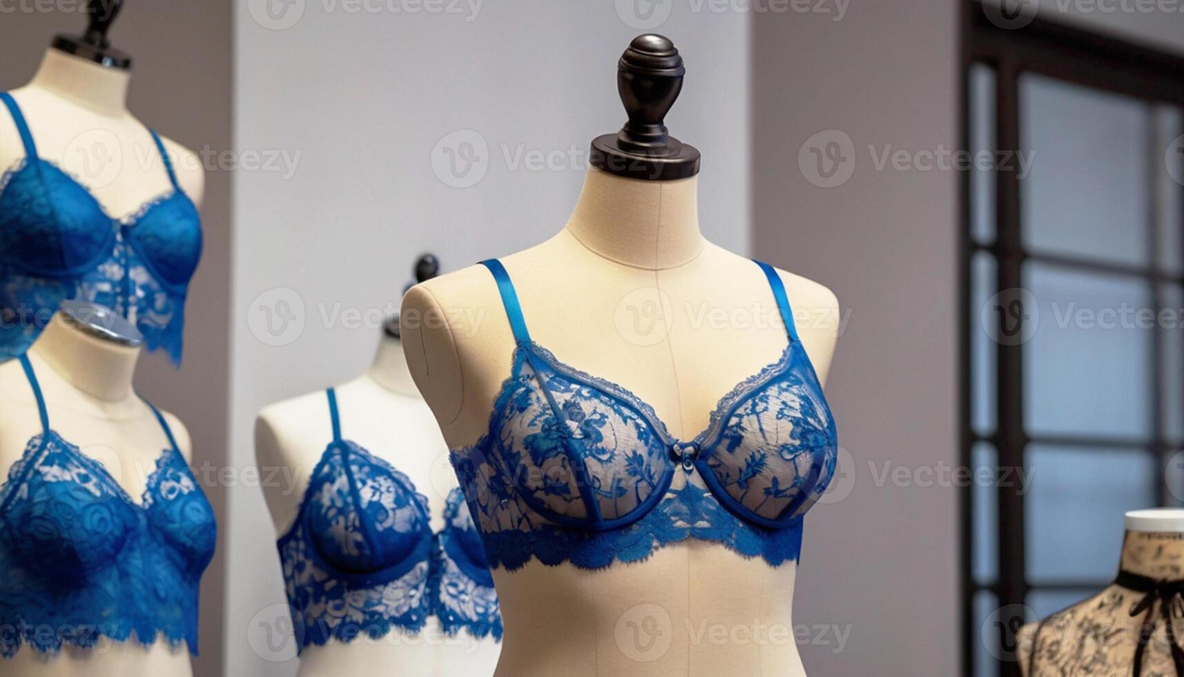 Lingerie. Close-up of a blue bra on a mannequin in a fashion store showroom photo