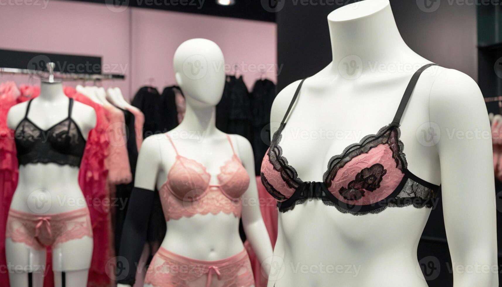 Lingerie. Close-up of black and pink lace bra on mannequin in fashion store showroom photo