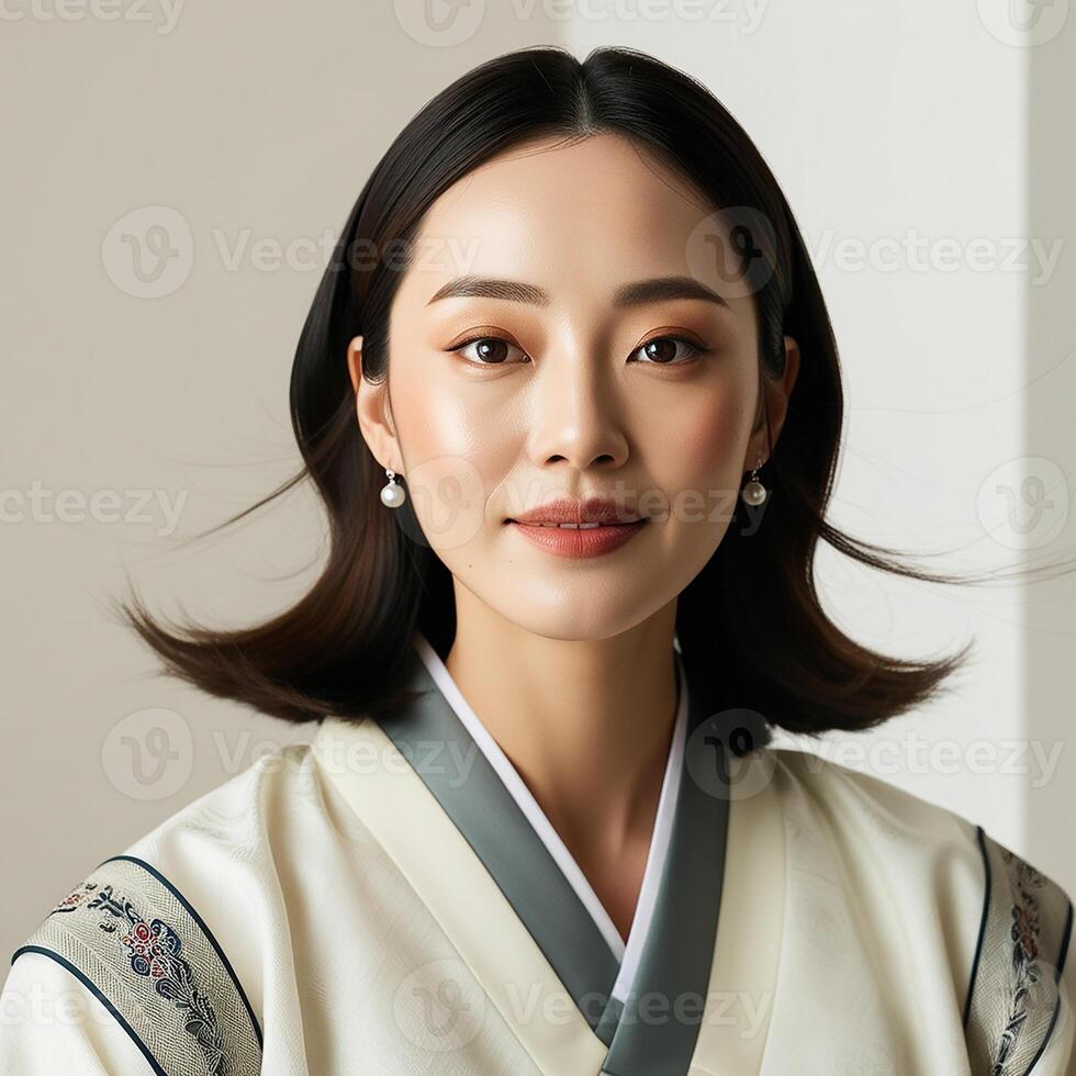 A Photo of Face Closeup Beautiful Mixed Portrait Young Korean Stylish Woman
