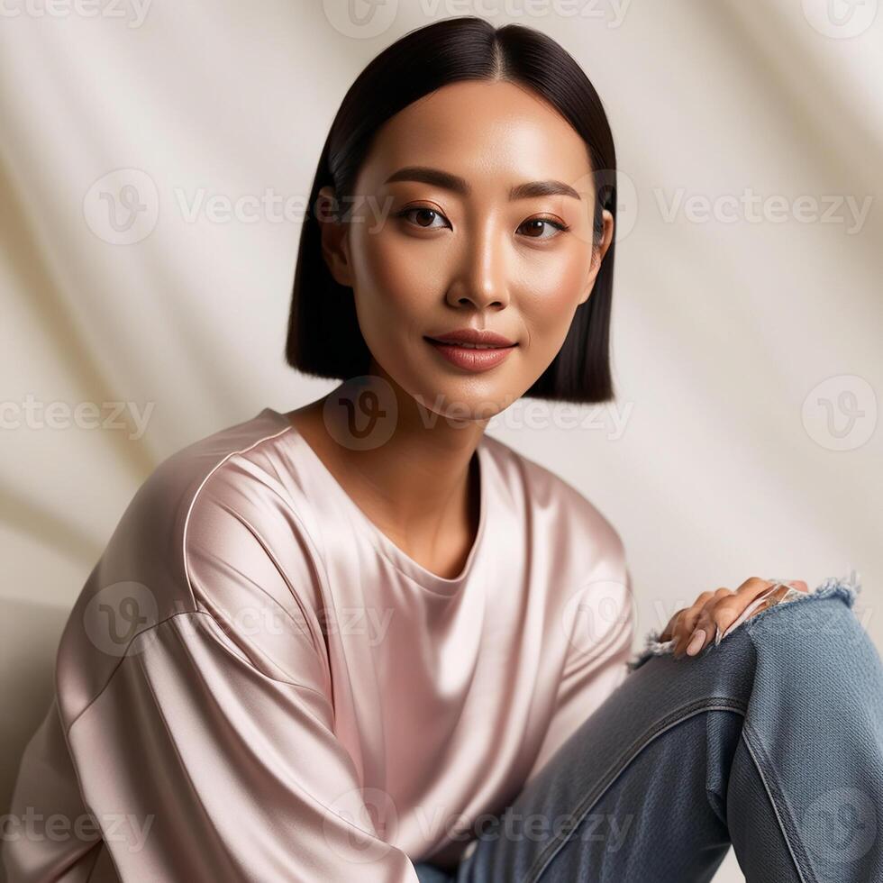 A Photo of Face Closeup Beautiful Mixed Portrait Young Korean Stylish Woman