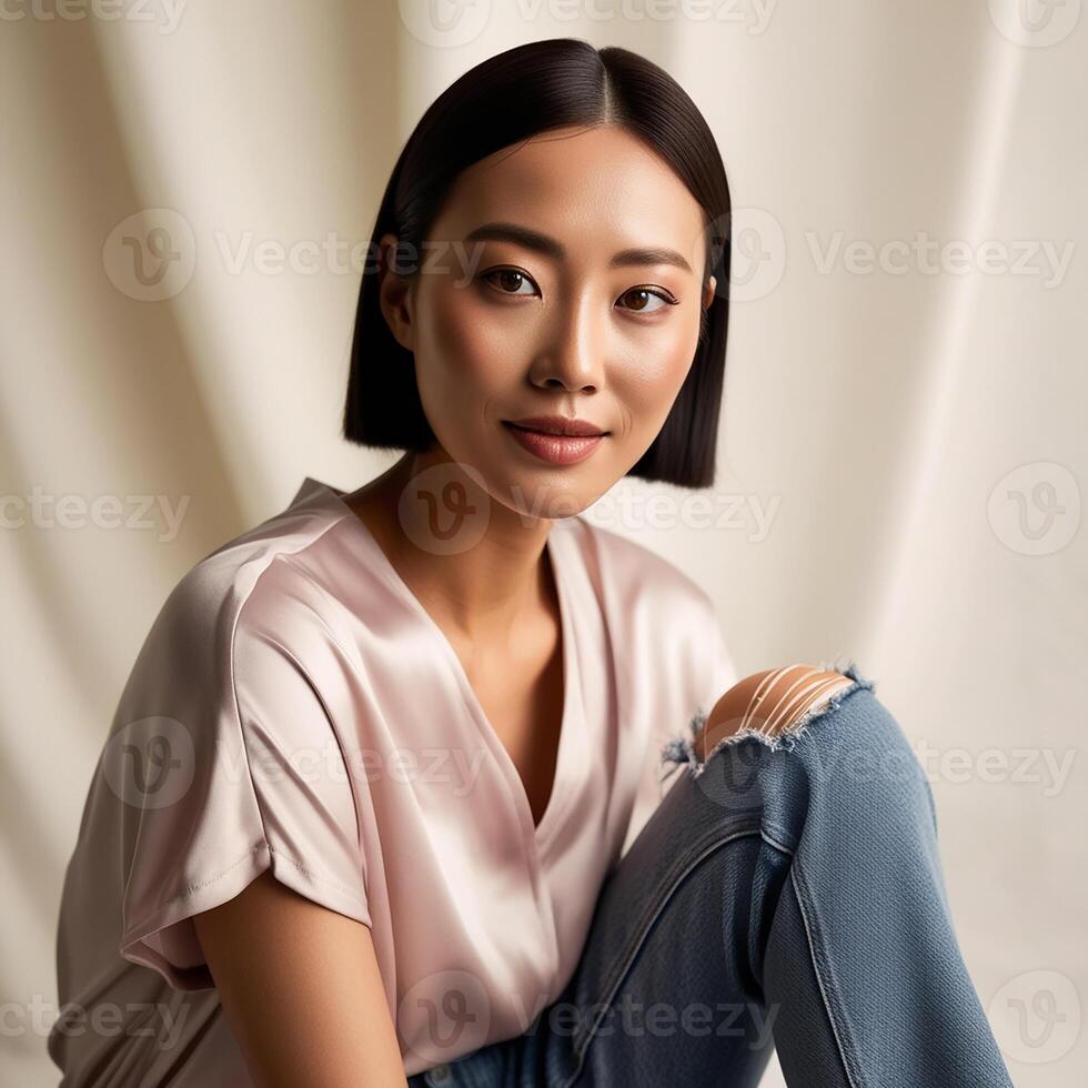 A Photo of Face Closeup Beautiful Mixed Portrait Young Korean Stylish Woman