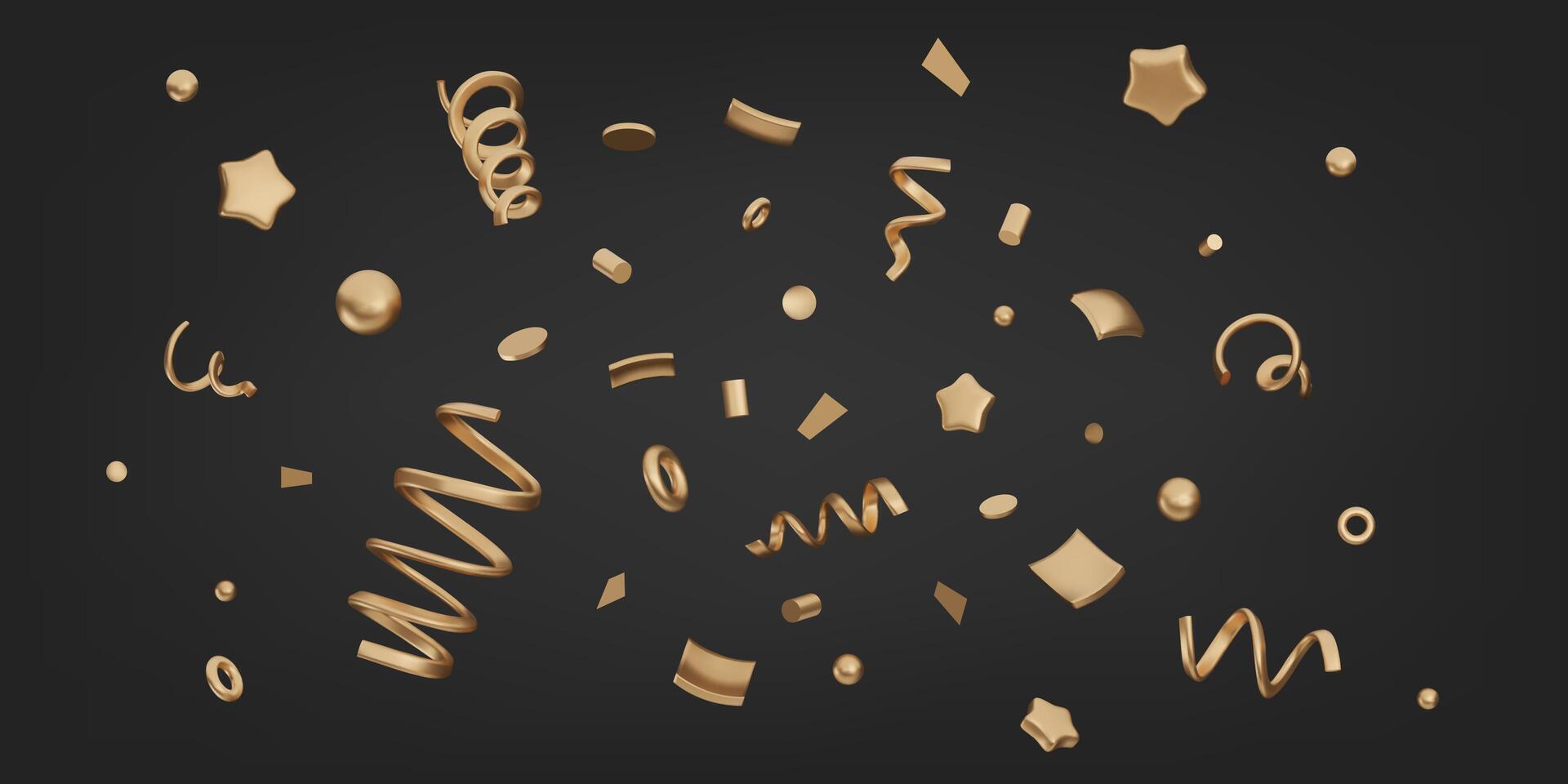3D gold confetti set. Realistic serpentine streamer elements isolated on black back. Golden spirals, stars, circles. Illustration for surprise and birthday party concept, Happy New Year, promo vector