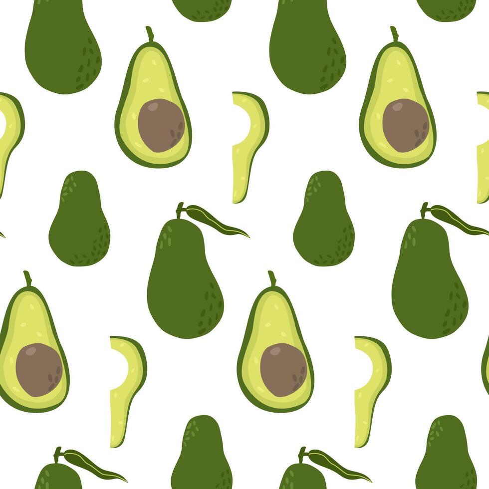 Whole and halved avocado seamless pattern. Hand drawn illustration, sketch style. Illustration on white background for wrapping, textile, banner, poster, organic and healthy food concept vector