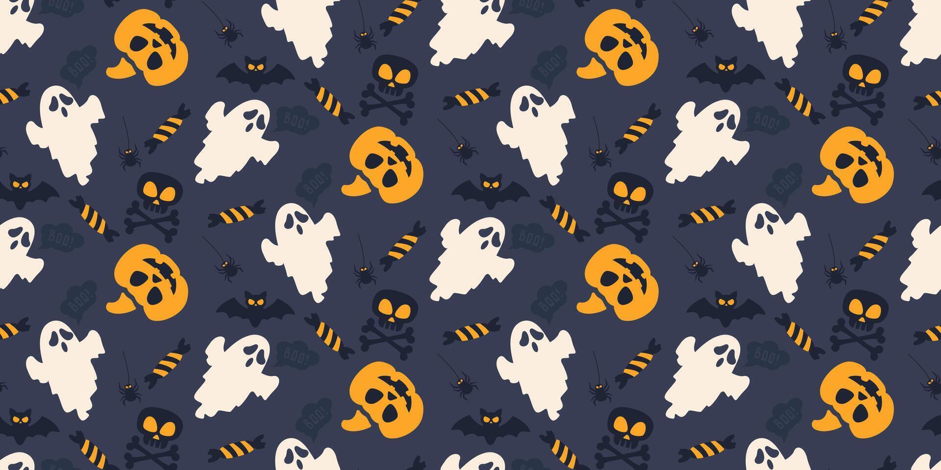Seamless Happy Halloween pattern. Ghost, pumpkin, spider, flying bat and candy on dark blue background. Illustration for web or print, banner, poster, party invitation design vector