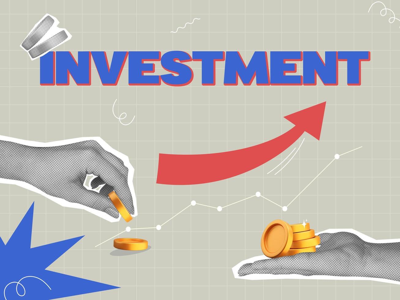 Trendy halftone collage with hand and 3D coins. Finance, investment and business and finance concept. Illustration of Money earning and banking for web banner and social media vector