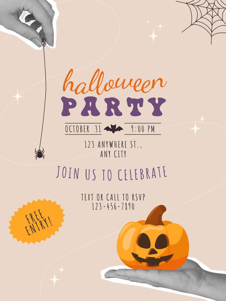 Halloween party trendy invitation. Vintage collage with halftone hands and Halloween symbols, pumpkin, spider. Template design, Retro poster vector