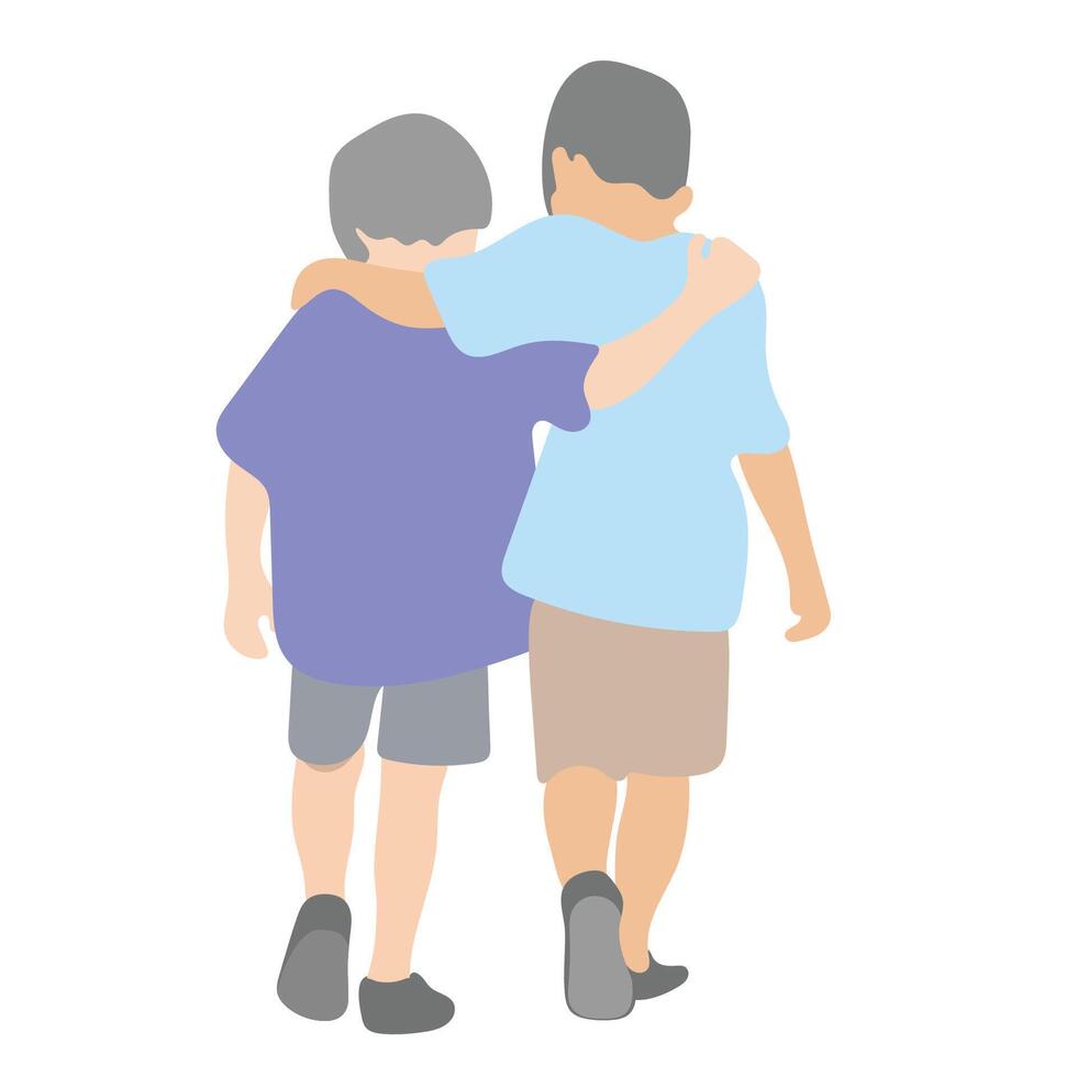 back view of two boys walking together illustration isolated on white background vector