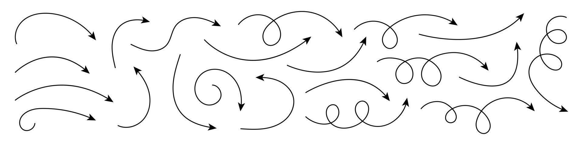 Collection of curved hand drawn arrows. vector