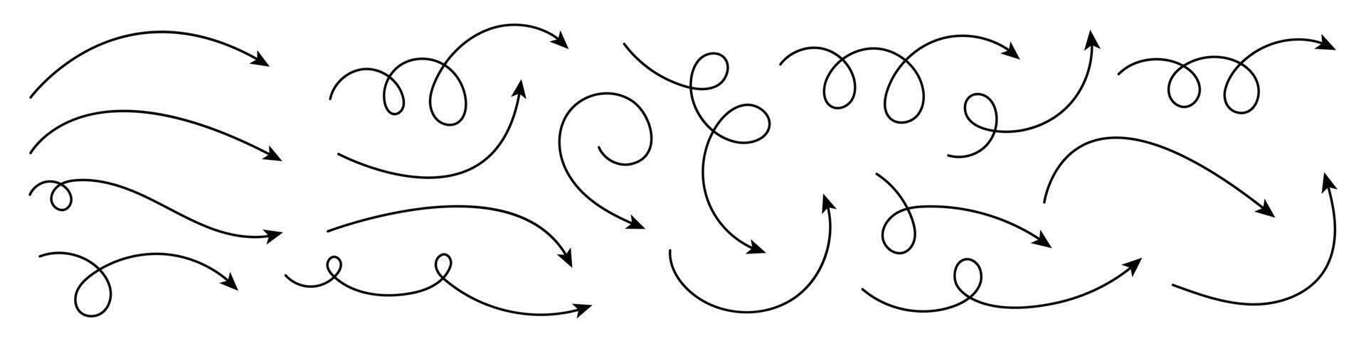 Collection of curved arrows. Set simple curved hand drawn arrows. vector