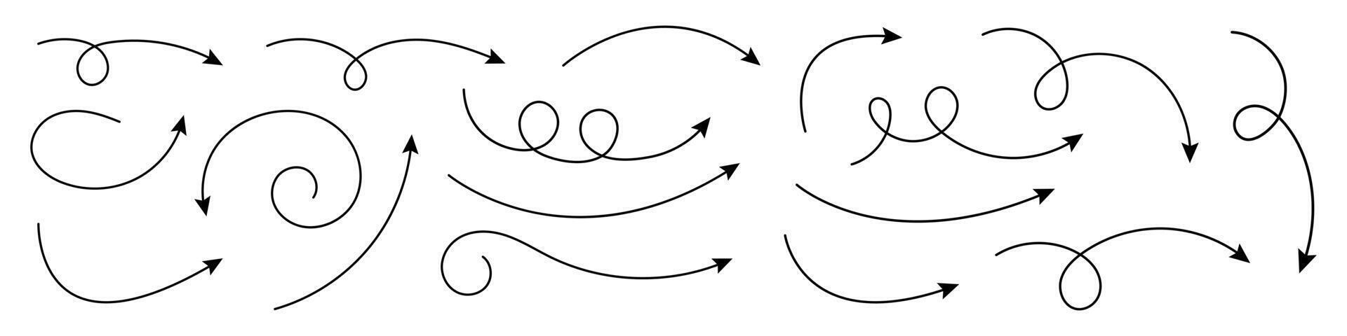 Collection of curved arrows. Set simple curved hand drawn arrows. vector