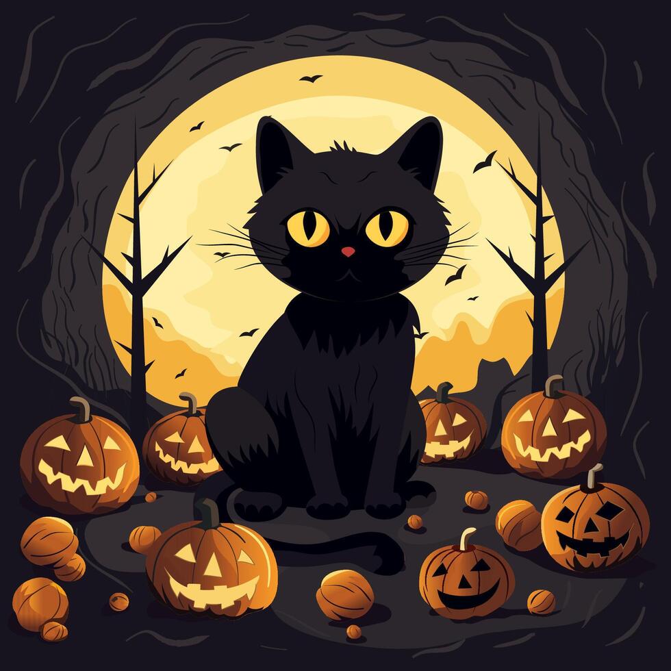 Funny Halloween design with black cat, pumpkin and bats vector