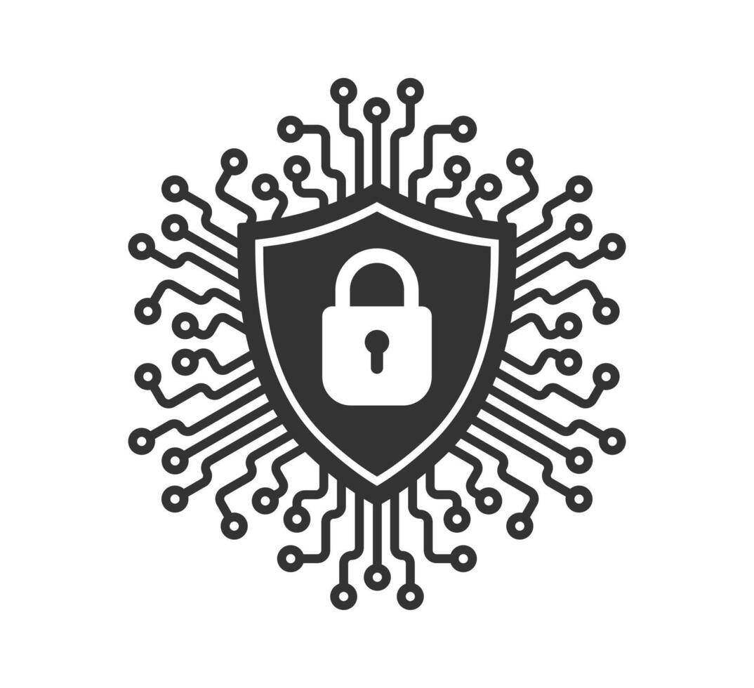 Cyber Security Icon. Shield Security Lock. Machine learning micropchip symbol, ML icon, Artificial intelligence sign. illustration image. Isolated on white background. vector
