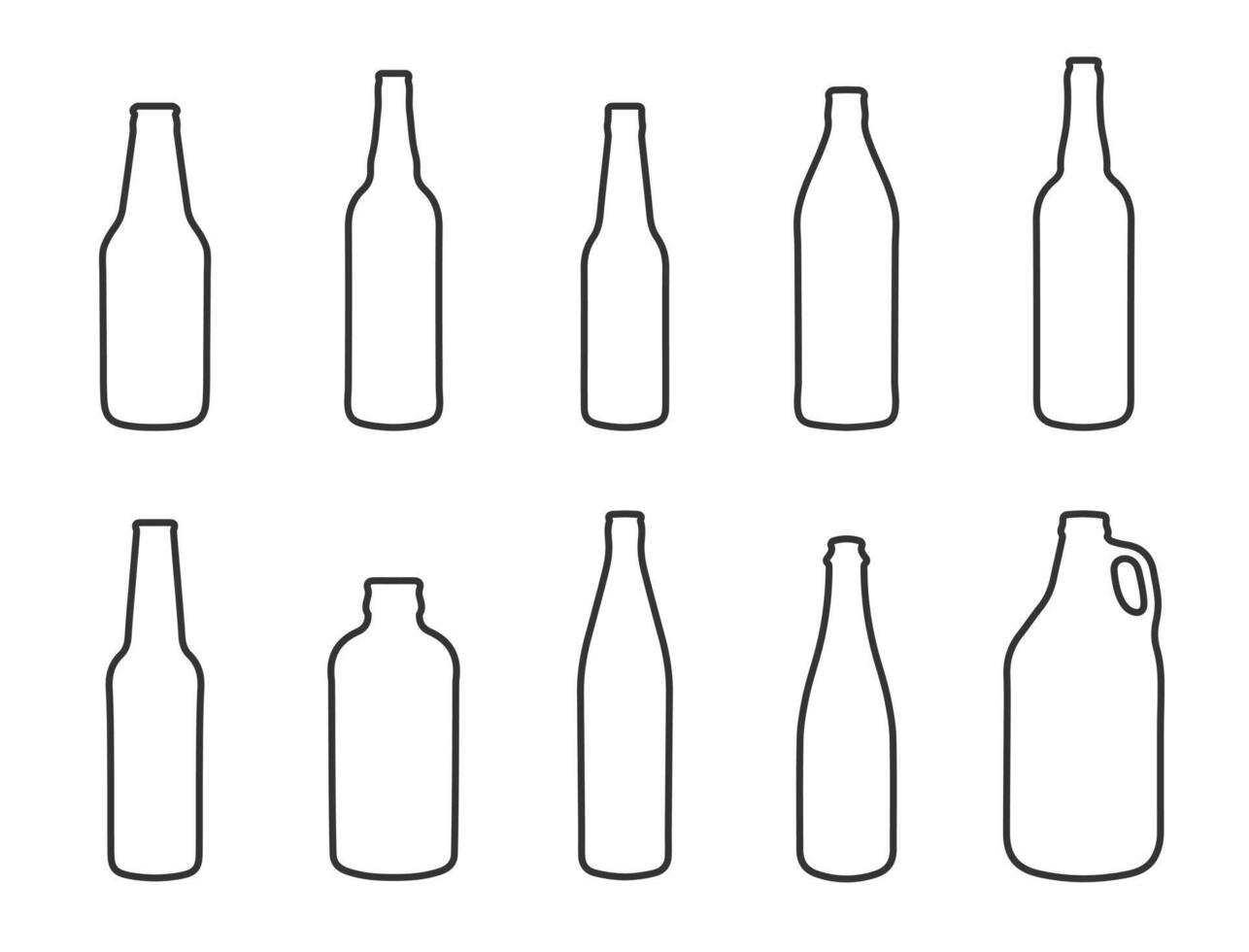 Outline stroke Glass beer bottle shapes icon shape symbol set. Wine, whiskey, rum, liquor bottles. illustration image. Isolated on white background. vector