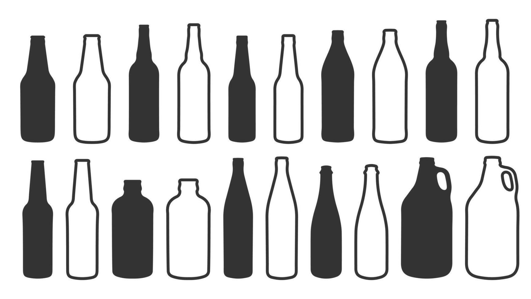 Outline stroke and fill shape Glass beer bottle shapes icon shape symbol set. Wine, whiskey, rum, liquor bottles. illustration image. Isolated on white background. vector